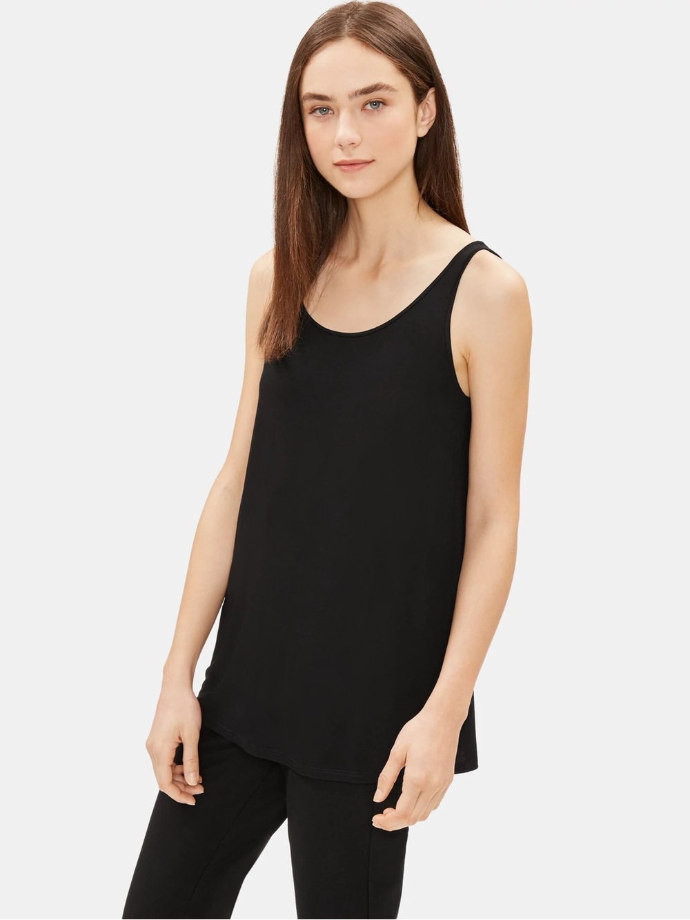 Eileen Fisher 100% Silk Jersey Scoop Neck Tunic Tank Top in Black Size Medium